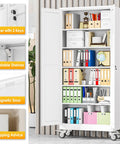 Heavy Duty 75 Inch Metal Garage Storage Cabinet On Wheels With Two Doors And Five Adjustable Shelves For Home Office Workshop And Warehouse White Easy Assembly with visible contents.