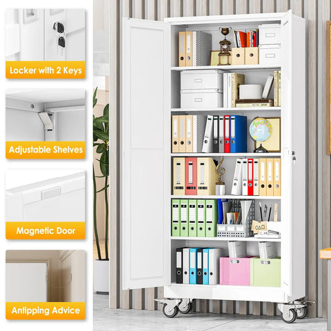 Heavy Duty 75 Inch Metal Garage Storage Cabinet On Wheels With Two Doors And Five Adjustable Shelves For Home Office Workshop And Warehouse White Easy Assembly with visible contents.