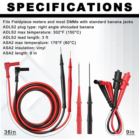 Deluxe Silicone Test Lead Kit for HVACR Multimeters With Alligator Clip Extensions and Molex Probes, 36in and 9in lengths