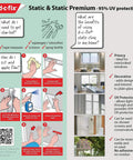 Instruction guide for applying Premium Privacy Window Film Blossom Static Cling Roll 17x59 Inches on various glass surfaces.