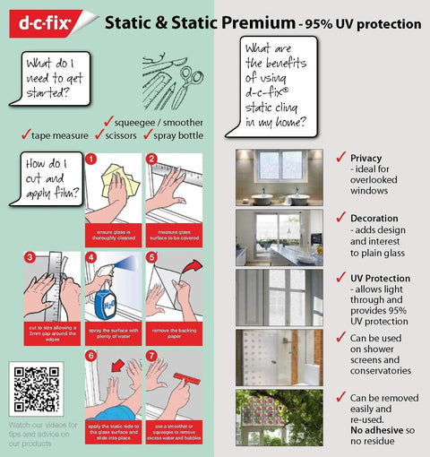 Instruction guide for applying Premium Privacy Window Film Blossom Static Cling Roll 17x59 Inches on various glass surfaces.