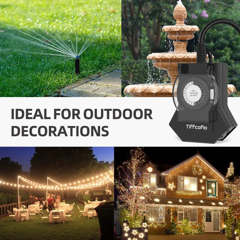 Super Reliable Plug In Outdoor Timer With 24 Hour Mechanical Control Heavy Duty Build Featuring Three Grounded Outlets, ideal for patio lights and garden gear.