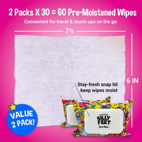 Bubble Gum Scented Shoe Cleaner Wipes For Sneakers White Shoes Leather Canvas And More Two Packs Of Thirty Quick Clean Wipes shown with open pack and measurements