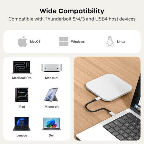 Wide compatibility of the Slim USB4 NVMe SSD Enclosure with various devices, showcasing its universal ports and sleek design.