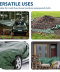Heavy Duty Waterproof Tarp 10x12 Green For Camping And Outdoors 8 Mil Thick With Reinforced Grommets covering car, wood, and soil