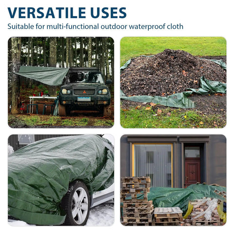 Heavy Duty Waterproof Tarp 10x12 Green For Camping And Outdoors 8 Mil Thick With Reinforced Grommets covering car, wood, and soil