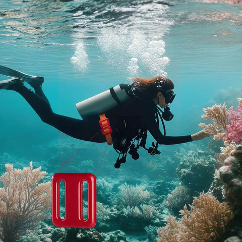 Diver wearing Two Pack Red Diving Weight Belt Set with Vinyl Coated Lead Weights 1 Lb Each 0.5 Kg exploring coral reef