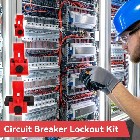 Clamp-On Circuit Breaker Lockout Kit 12 Piece Set With Small Medium Large Lockouts For Single Pole Breakers, Durable LOTO Tagout Gear For Electrical Panels, Quick Clamp On Safe Lockout For Field Use shown with technician