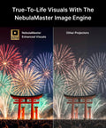 Comparison of NebulaMaster enhanced visuals and other projectors, with vibrant fireworks and Torii gate scene.