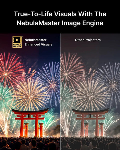 Comparison of NebulaMaster enhanced visuals and other projectors, with vibrant fireworks and Torii gate scene.