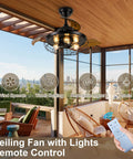 Farmhouse Rustic 36 Inch Ceiling Fan With Lights, DC Motor, remote control shown in patio setting, daytime view