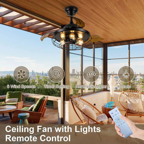 Farmhouse Rustic 36 Inch Ceiling Fan With Lights, DC Motor, remote control shown in patio setting, daytime view