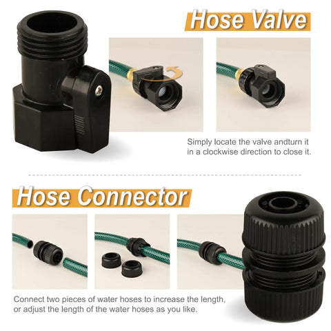 Close-up of hose valve and connector, parts for Three Foot Leader Hose With One Half Inch Male To Female Fittings For Faucet Extension.