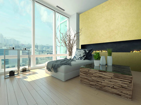 Room with pale gold wall painted with One Gallon Pale Gold Metallic Paint In Satin Finish Water Based Low VOC Intermixable for interiors.