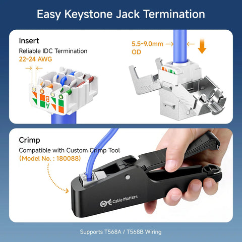 UL Listed Shielded Cat 8 RJ45 Keystone Jack crimp tool and IDC termination for 5-pack supports 22-24 AWG with easy cable insertion