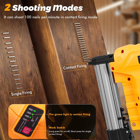 Cordless 18GA Brad Nailer And Electric Staple Gun Two In One Wire Free Nail Tool for Home Repair showing shooting modes.