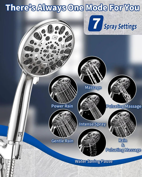 High Pressure Handheld Shower Head With Seven Spray Modes For Custom Comfort, showing different spray settings and chrome finish.