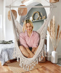 Handwoven Cotton Rope Hammock Chair With Metal Spreader Bar For Indoor And Outdoor Relaxation Boho Swing Chair With Tassels In Sandy Beach White