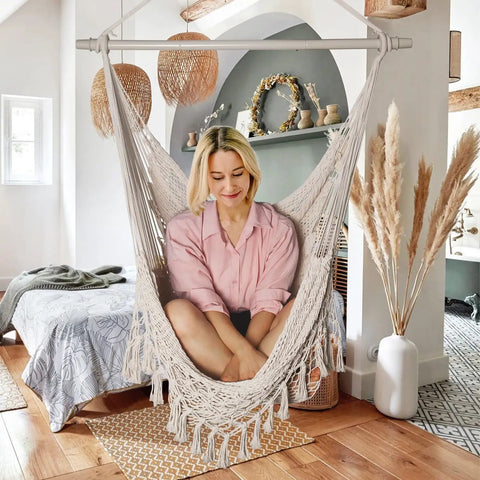 Handwoven Cotton Rope Hammock Chair With Metal Spreader Bar For Indoor And Outdoor Relaxation Boho Swing Chair With Tassels In Sandy Beach White