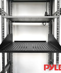 Heavy Duty 2U Vented Server Rack Shelf For Rock Solid Network Gear And Desktop Rigs Delivering Crisp Airflow And Zero Heat Headaches Through Sturdy Ventilated Steel Frame installed in a 19-inch rack.