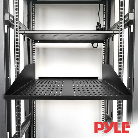 Heavy Duty 2U Vented Server Rack Shelf For Rock Solid Network Gear And Desktop Rigs Delivering Crisp Airflow And Zero Heat Headaches Through Sturdy Ventilated Steel Frame installed in a 19-inch rack.