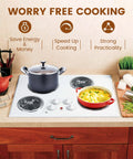 4 Pack Chrome Drip Pans For Electric Stoves With Locking Slots in use on a cooktop with pots, showing energy-saving benefits.