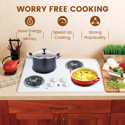 4 Pack Chrome Drip Pans For Electric Stoves With Locking Slots in use on a cooktop with pots, showing energy-saving benefits.
