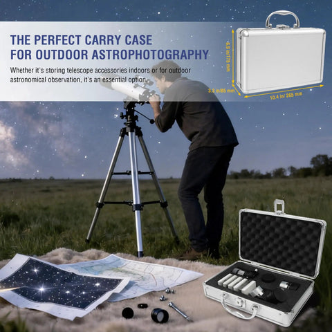 Man using telescope with open Telescope Eyepiece and Filter Accessory Case for 1.25 Inch Kits nearby, under night sky.