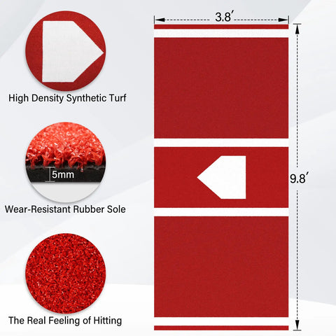 Diagram of Pro Grade Batting Mat For Baseball Hitting Practice 9.8 Feet By 3.8 Feet showing turf detail and rubber sole.