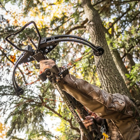 Action shot using Hip Shot Crossbow Shooting Rest Lightweight Stable Portable Telescopic Versatile Support in the field