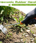 Person using Stainless Steel Hand Weeder With Anti Slip Rubber Handle Handy Portable Weeding Tool For Gardens Ergonomic Uprooting Weed Tool For Vegetable Beds And Farms Durable Easy Digging And Weeding In All Soil Types on garden soil.