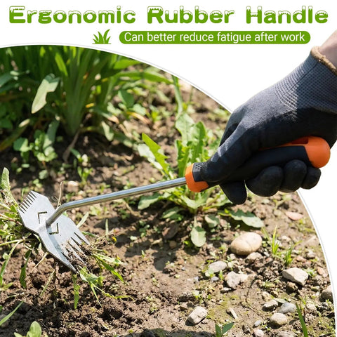 Person using Stainless Steel Hand Weeder With Anti Slip Rubber Handle Handy Portable Weeding Tool For Gardens Ergonomic Uprooting Weed Tool For Vegetable Beds And Farms Durable Easy Digging And Weeding In All Soil Types on garden soil.