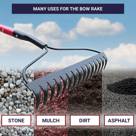 Bow Rake With Fiberglass Shaft For Tough-As-Nails Yard Work And Landscaping, 58 Inch, 16 Tines over gravel, mulch, dirt, asphalt