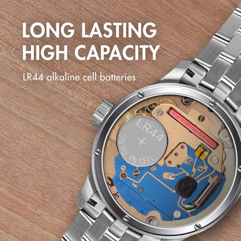 Close-up of LR44 battery inside a watch, part of the 10 Pack Of Lr44 Button Cell Batteries 1.5 Volt Ag13 Equivalents For Watches Laser Pointers And Small Electronics That Bring Dope Runtime To Your Everyday Carry Gadgets Today.
