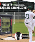 Baseball Pitching Net Pro With 9 Hole Strike Zone Target in use by pitcher, showing 20x30 target and adjustable height feature on field