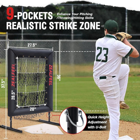 Baseball Pitching Net Pro With 9 Hole Strike Zone Target in use by pitcher, showing 20x30 target and adjustable height feature on field