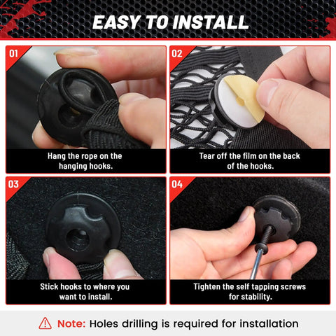 Installation steps for Two Pack 14 By 10 Inch Double Layer Mesh Cargo Net Stretchable Car Organizer with screws and hooks.