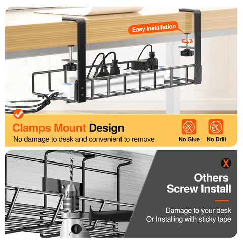 Under Desk Cable Management Tray No Drill Clamp System 1 Pack Black, shown mounted under desk with C clamp