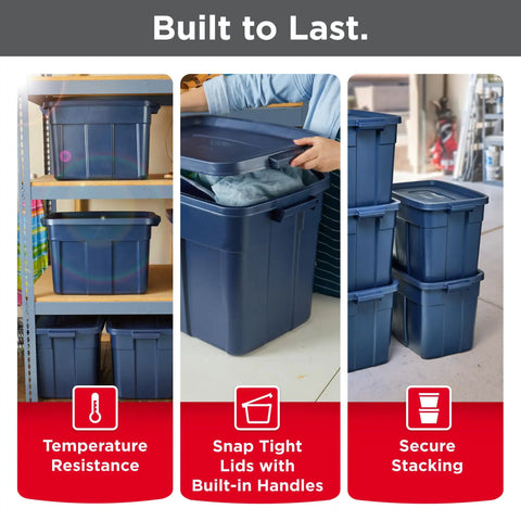 Heavy Duty 18 Gallon Storage Tote Set With Lids And Handles, Stackable Plastic Bins, 6 Pack For Attic Basement Garage Organization, Dark Indigo Metallic