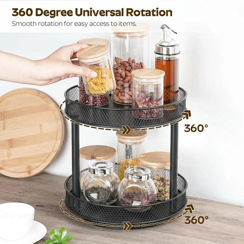 Two Pack Two Tier Lazy Susan Organizer Smooth Rotating Metal Turntable, showcasing jars with lids on a black metal carousel.