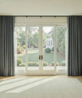 Heavy Duty Ceiling Curtain Track System For 6 To 9 Ft, Aluminum Sliding Rails With Wall Mount, Quiet Pulleys, Rust-Resistant And Waterproof installed in modern living room.