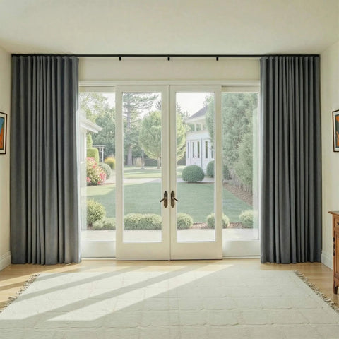 Heavy Duty Ceiling Curtain Track System For 6 To 9 Ft, Aluminum Sliding Rails With Wall Mount, Quiet Pulleys, Rust-Resistant And Waterproof installed in modern living room.