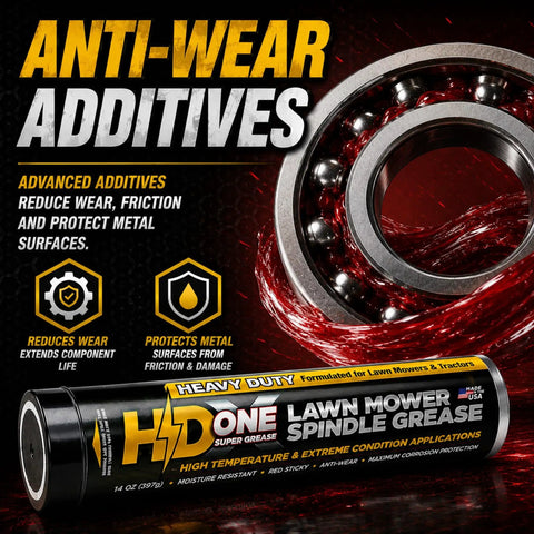 Heavy Duty High Temperature Bearing Grease For Toro And Exmark Mowers That Beats The Heat On Overworked Spindles and Shuts Out Grime and Humidity In A Battle Ready Two Pack For No Hassle Mowing Days, with anti-wear additives and a close-up of grease tube and bearing.