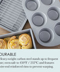 Pro Grade 4 Piece Nonstick Toaster Oven Bakeware Set With Heavy Duty Aluminized Steel showcasing muffin pan and cinnamon rolls