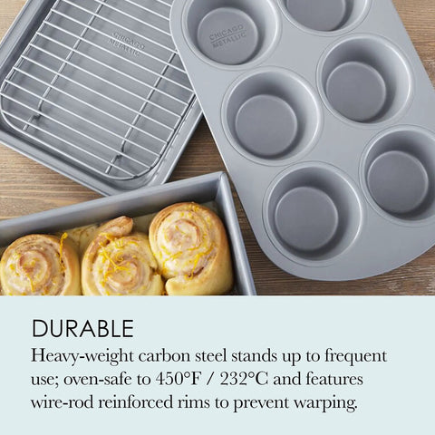 Pro Grade 4 Piece Nonstick Toaster Oven Bakeware Set With Heavy Duty Aluminized Steel showcasing muffin pan and cinnamon rolls