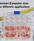 Copper Washers Set 200 Pcs Assortment DIY Ready For Engine Seals And Gaskets in 9 metric sizes with measuring tools