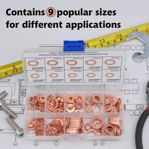 Copper Washers Set 200 Pcs Assortment DIY Ready For Engine Seals And Gaskets in 9 metric sizes with measuring tools