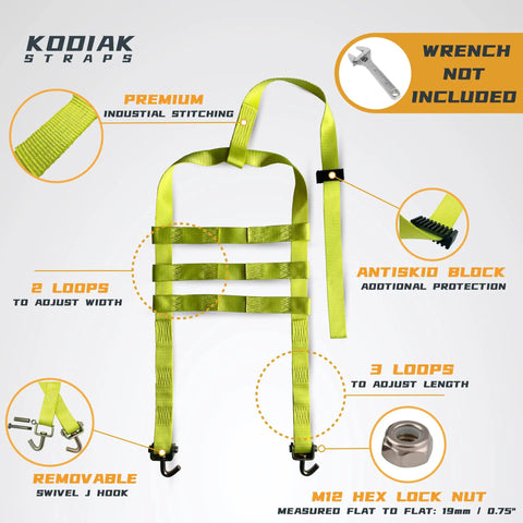 Heavy Duty Adjustable Wheel Net Tow Straps With Swivel J Hooks 2-Pack For Dollies And 14 To 22 Inch Tires Universal Fit For Ratchet Or Winch Setups Built Tough With 10,000 Lbs Break Strength, green strap with swivel J hooks