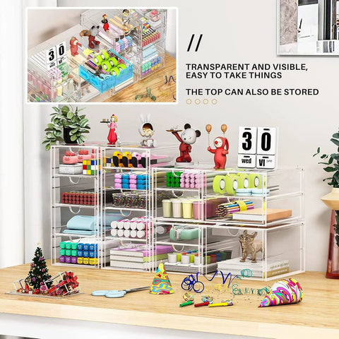 Four Pack 16 Drawer Clear Desk Organizer Set For Makeup Jewelry Office Supplies And Stationery Dustproof Storage Drawers