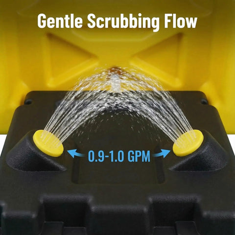 Close-up of 14 Gallon OSHA Approved Eye Wash Station sprayers with gentle scrubbing flow measuring 0.9-1.0 GPM